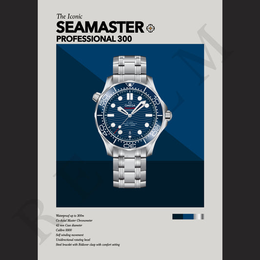 'The Iconic' Watch Print Series - Omega Seamaster Professional 300 - Blue Dial